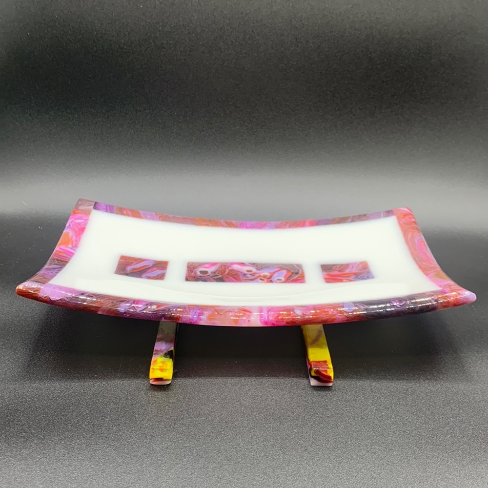Beautiful White Purple Orange Swirl Fused Glass Stain Glass Rectangle Art Dish